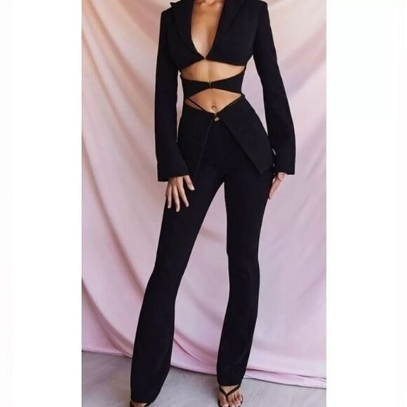 New House of CB Layla V-Front Harness Flare Trousers Pants in Black Size Medium - Picture 2 of 5